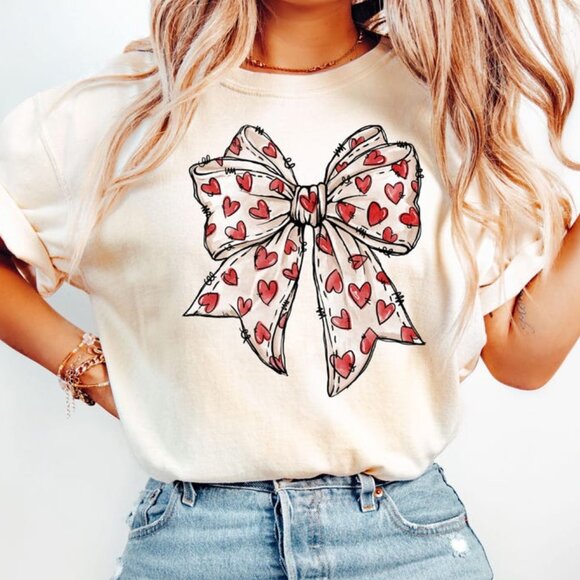 Tops - Valentines Day Heart Bow Shirt, Coquette Bow T-Shirt